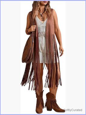 Plus Size Fringe Vest Western Boho Tassel Suede Cowgirl Sleeveless Jacket 70s